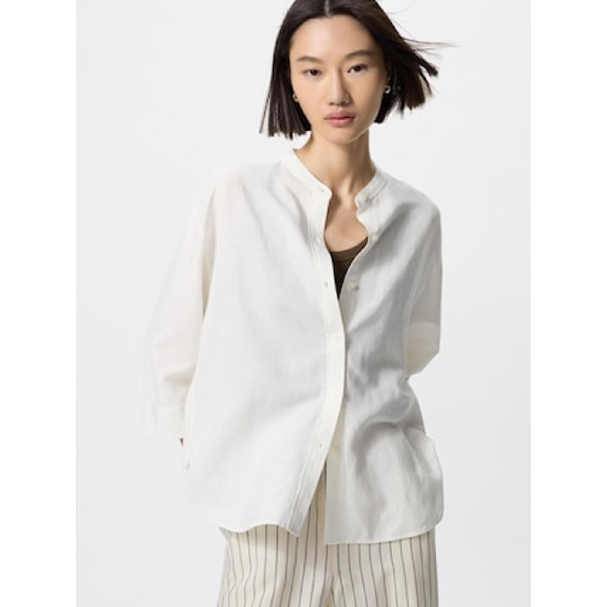 リネンブレンドバンドカラーシャツ/7分袖